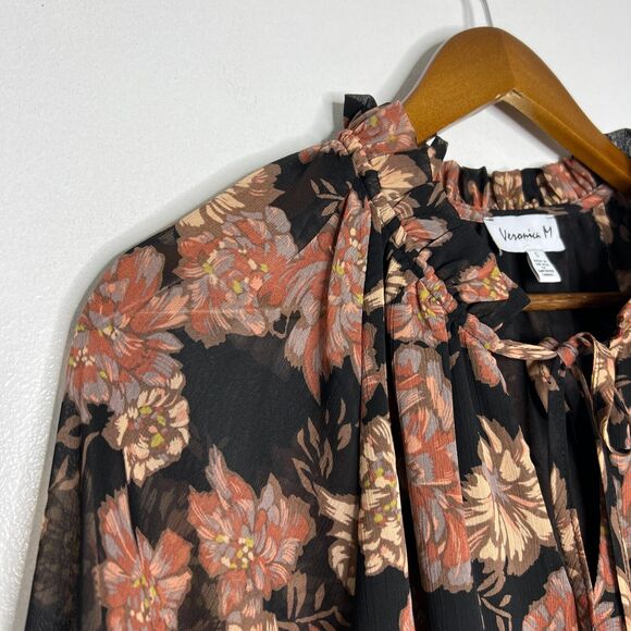 Veronica M Black Floral Boho Blouse Tie Neck Ruffle Top Small Feminine Chic - Picture 2 of 7